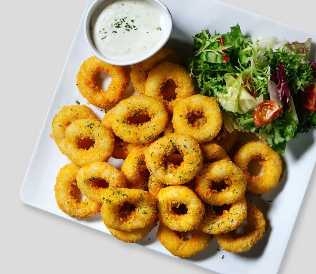 Fried Calamari · Deep fried and lightly breaded squid rings served with marinara and tartar sauce.