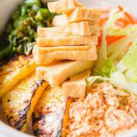 Pumpkin Curry Bowl (Vegan) · Fried Tofu, Grilled Delicata, Gai Lan, Napa Cabbage, Crispy Shallots, Pickled Carrot and Dai...