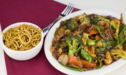 Happy Family · Beef, veal, and chicken sauteed with mixed vegetables in sauce. Lo mein served on the side.