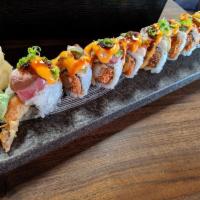 Old County Roll · Tempura shrimp, spicy tuna and sear hamachi, jalapeno on top. Spicy.