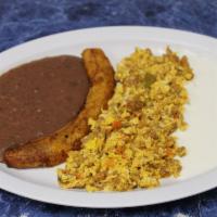 Chorizo con Huevos · Eggs scrambled with salvadorean sausage,plantains,onion,green bell pepper and tomato.served ...