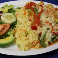 Camarones Quanacos · Shrimp sauteed with onion, tomato, and green and red bell pepper topped with shredded Monter...