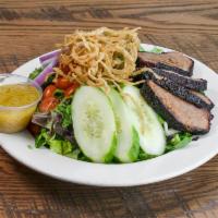 Smokin' Salad · Mixed Greens, Grape Tomato, Cucumber, Red Onion, Avocado, choice of BBQ meat and dressing. A...