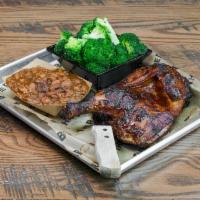 Hickory Smoked Chicken (Bone-In) Platter · Bone-in Chicken, Dry Rubbed, Hickory Smoked and Honey BBQ Glazed served with 2 Sides 