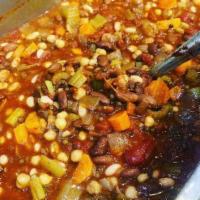 Cup of Chili · Vegan. Great Northern, Red Kidney, Chickpea, Lentils and onion, celery, carrots. VEGAN