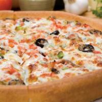 Veggie Pie · Vegetarian. Green peppers, onions, mushrooms, black olives, tomatoes and mozzarella cheese.