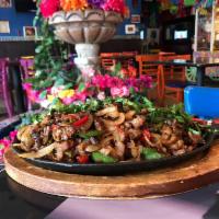 ALAMBRES (FAJITAS) - 1 MEAT - FOR 2 PEOPLE · Choice of Carne Asada, Chicken or Shrimp, mixed with onions, green & red peppers, & topped w...