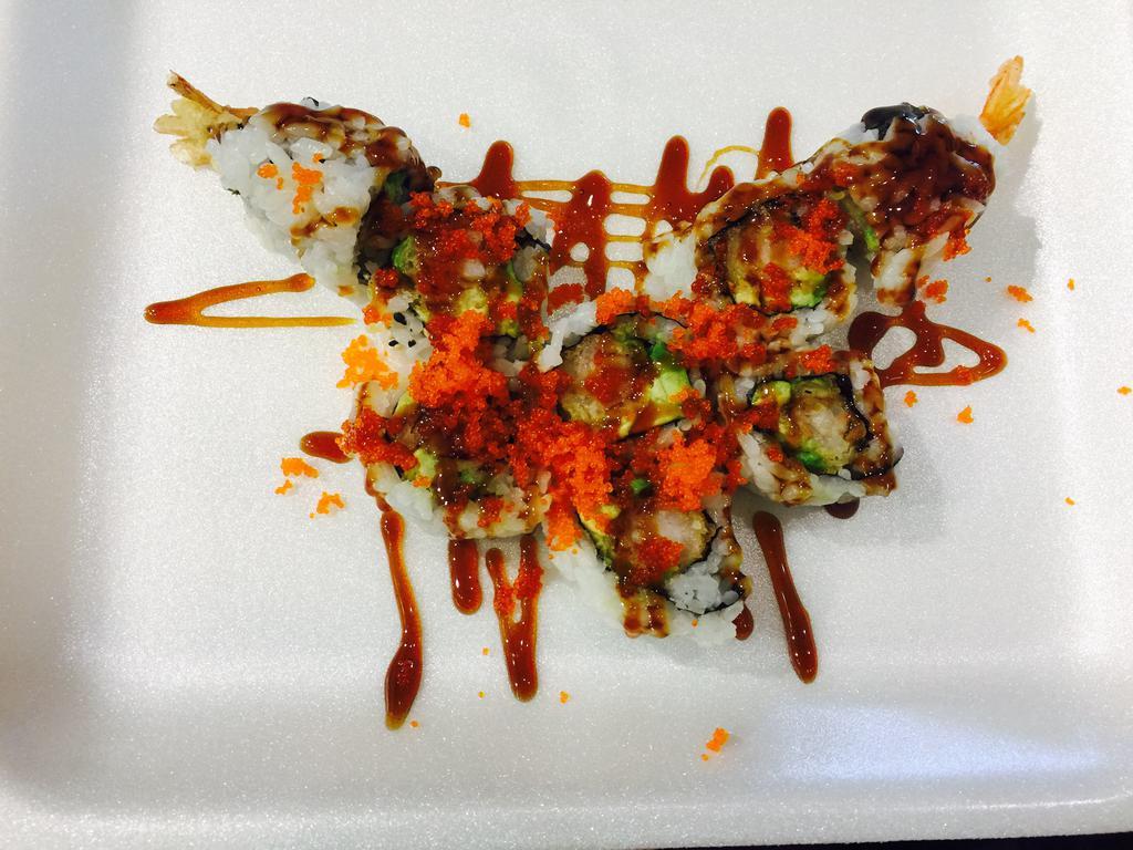 M1. Tiger Roll · Double shrimp tempura, avocado, eel sauce and masago.