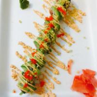 M8. Rock N Roll · Spicy tuna topped with avocado, crunch, spicy mayo and masago. 8 pieces.