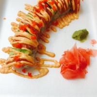 M12. Crazy Salmon Roll · Smoked salmon, cream cheese and cucumber topped with salmon, avocado, masago and spicy mayo....