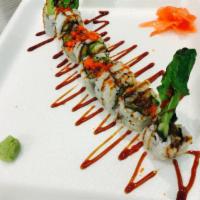 M9. deluxe Spider Roll (big roll) · Double size. real crab tempura and lettuce, topped with eel sauce and masago. Use big nori, ...