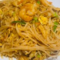 Pad Thai · Thai glass noodle with chicken, shrimp, beansprouts, onion and egg. Topped with ground peanu...