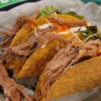 3 Carnitas Tacos · Naturally raised pork slow cooked to perfection and then lovingly shredded. Fresh soft or cr...