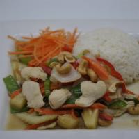 26. Pad Ma Muang Stir Fry · Cashew nuts. Roasted cashew nuts, water chest nuts, onions, pineapple, celery, snow peas, be...