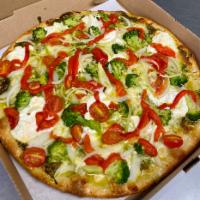Primavera Pizza · Broccoli, roasted peppers, onions, ricotta, cherry tomatoes and pesto.