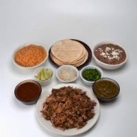 Al Pastor Family Pack · Includes 1 lb. of meat, 16 oz. of rice, 16 oz. of beans, 8 oz. of salsa, onion and cilantro ...