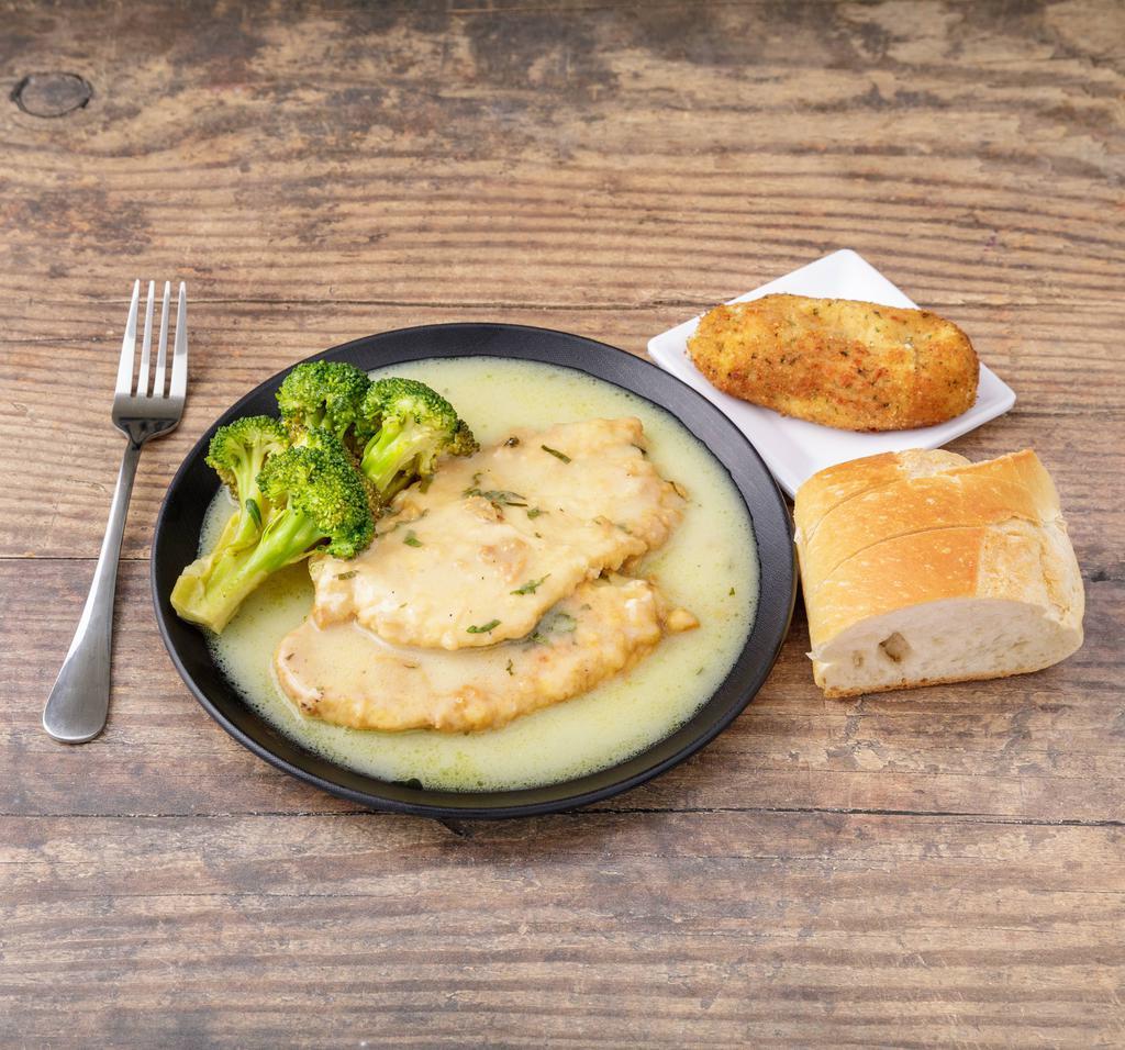 Chicken Francese · Served with seasonal vegetables.