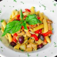Penne Annabelle · Eggplant, grilled chicken, artichoke hearts, roasted peppers black olives, garlic and olive ...
