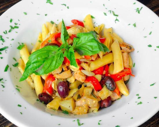 Penne Annabelle · Eggplant, grilled chicken, artichoke hearts, roasted peppers black olives, garlic and olive oil.