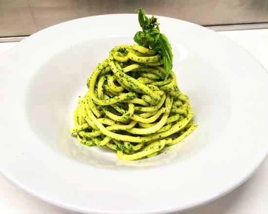 Bucatini with Pesto · Made with pine nuts.