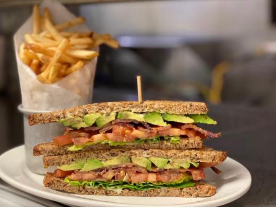 Avocado BLT Sandwich · Thick cut bacon, lettuce, tomato, mayo, seven grain, fries.