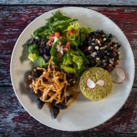 Asada Steak Bowl · Marinated raanchera steak on spring mix and cilantro rice with pico de gallo, fresh guacamol...