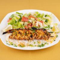 Grilled Shrimp · Served with rice and salad.