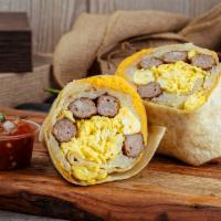 Breakfast Burrito · 3 eggs, cheese, salsa and potato. Choice of bacon, ham, sausage or chorizo.