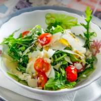 Rucola e Parmigiano Salad · Baby Arugula, cherry tomatoes, 24 month Shaved Parmigiano Reggiano, Black Olives balsamic vi...