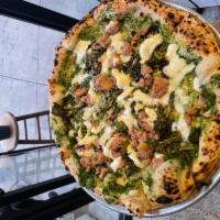 Salsiccia e Friarielli Pizza · No tomato base. smoked and regular mozzarella, broccoli rabe sauce, pork sausage, basil, par...