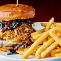 Jugger-Not Burger · 2 all beef Patties, barbacoa, bacon mushroom jam and a special sauce that will make you smil...