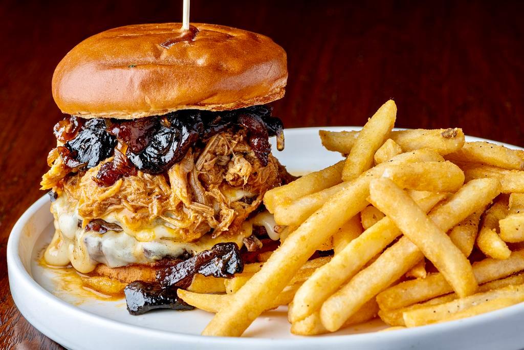 Jugger-Not Burger · 2 all beef Patties, barbacoa, bacon mushroom jam and a special sauce that will make you smile. served with your choice of FF or house salad