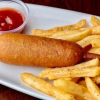 Kids Corn Dog with FF · All beef Vienna hot dog dipped in corn batter to bring you the ultimate corndog experience. ...