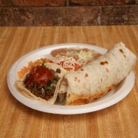 Burrito and Taco Combo · burrito with choice of meat rice beans onions and hot sauce with a side taco and rice and be...