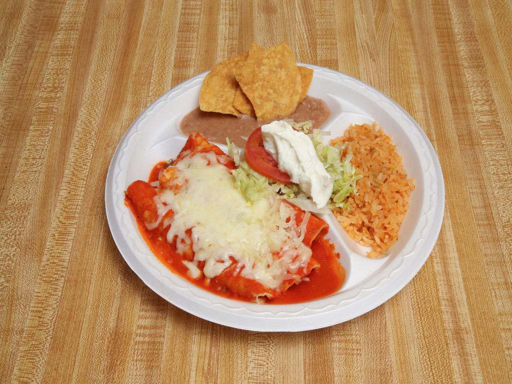 Enchiladas Combo · 3 chicken or cheese enchiladas topped with cheese served with rice and beans 