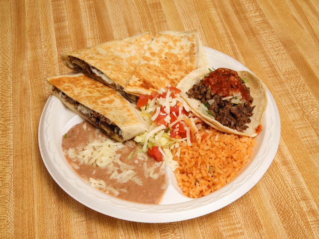 Quesadilla and Taco Combo · This combo comes with cheese quesadilla. Add meat for an additional charge.