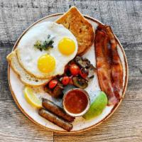 The Aussie Grind Big Breaky · A little bit of everything. Applewood smoked bacon, cage free eggs, pork and sage sausage li...