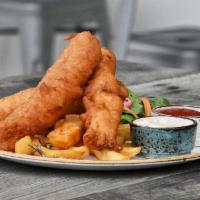Fish N' Chips  · Atlantic cod, battered with shiner beer tempura, served with chunky rosemary fries, house ta...