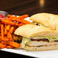 Pesto Chicken Sandwich · Grilled chicken breast, Swiss, bacon, pesto aioli on focaccia. Add toppings for an additiona...