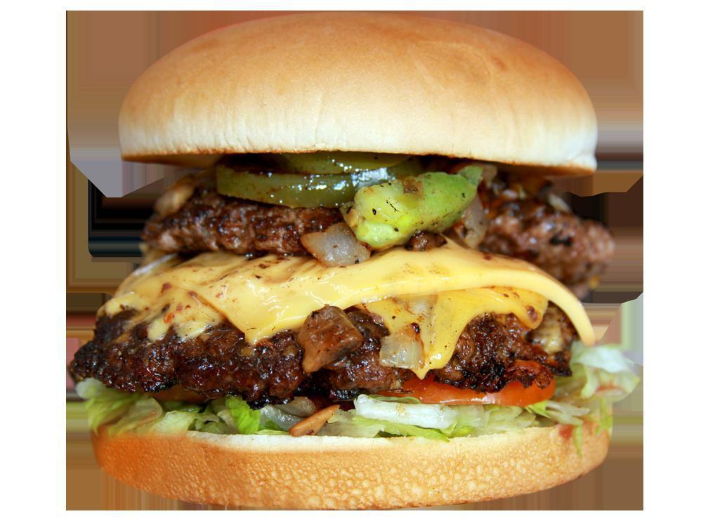 Double Deluxe Special Burger · Served with 1/3 lb beef patty, Lettuce, Tomato, Pickles, Mayo, Mustard, Ketchup, Sauteed onion, Bell pepper, Mushroom, Jalapeno, American & Swiss  cheese, BBQ sauce, Double meat patty.