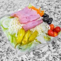 Via Mia Chef Salad · Lettuce, ham, cucumber, cherry tomatoes, cheese, olives, pepperoncini and carrots.