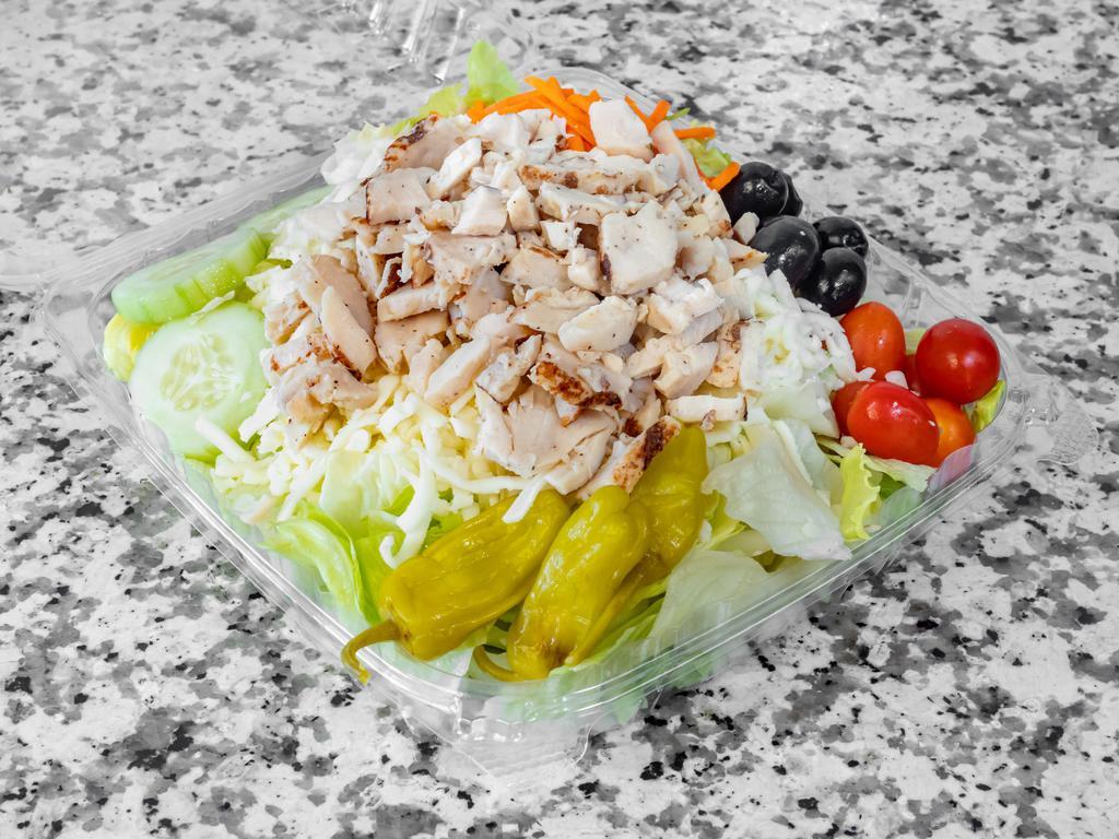 Via Mia Chicken Salad · Lettuce, tomatoes, cheese, olives, cucumber, pepperoncini, carrots and grilled chicken breast.