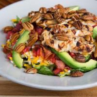  Chicken Pecan Salad · Mixed greens, grilled chicken breast, bacon, avocado, tomato, cheese, and pecans. Served wit...