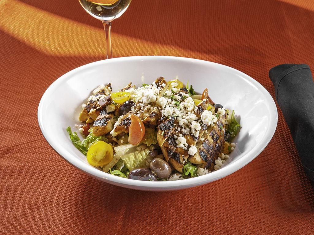 Greek Chicken Salad · Mixed greens with grilled chicken, Kalamata olives, red onion, tomatoes, cucumbers, and feta cheese.