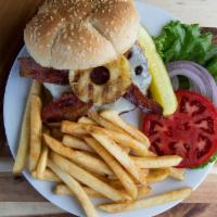 Bacon, Pineapple & Swiss Burger · Crispy bacon, grilled pineapple and Swiss cheese.