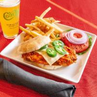 Buffalo Chicken Sandwich · Crispy chicken breast dipped in our famous hot sauce, topped with jalapeno cheese. Served on...