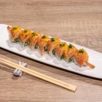 Sear Salmon · Imitation crabmeat, shrimp tempura, cucumber and sear salmon on top ponzu.