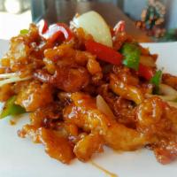 Deep Paradise · Deep fried Shrimp or Chicken Stir fried with onion, carrot, peppers and special sauce.