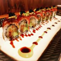 Redsox Roll · Shrimp tempura wrapped with avocado, topped with tuna, black tobiko and eel sauce.
