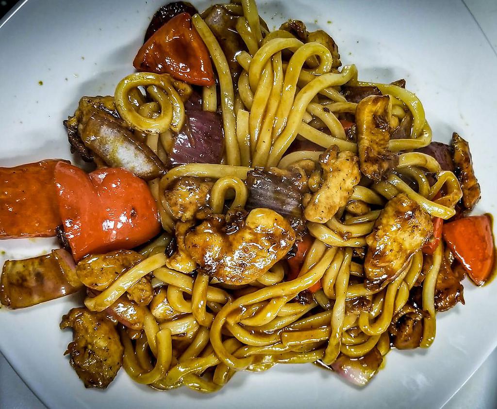 Hong Kong Street Noodles *NEW* · Wok tossed in our house made BBQ sauce
thick & slippery udon noodles with red bell peppers, and onions.